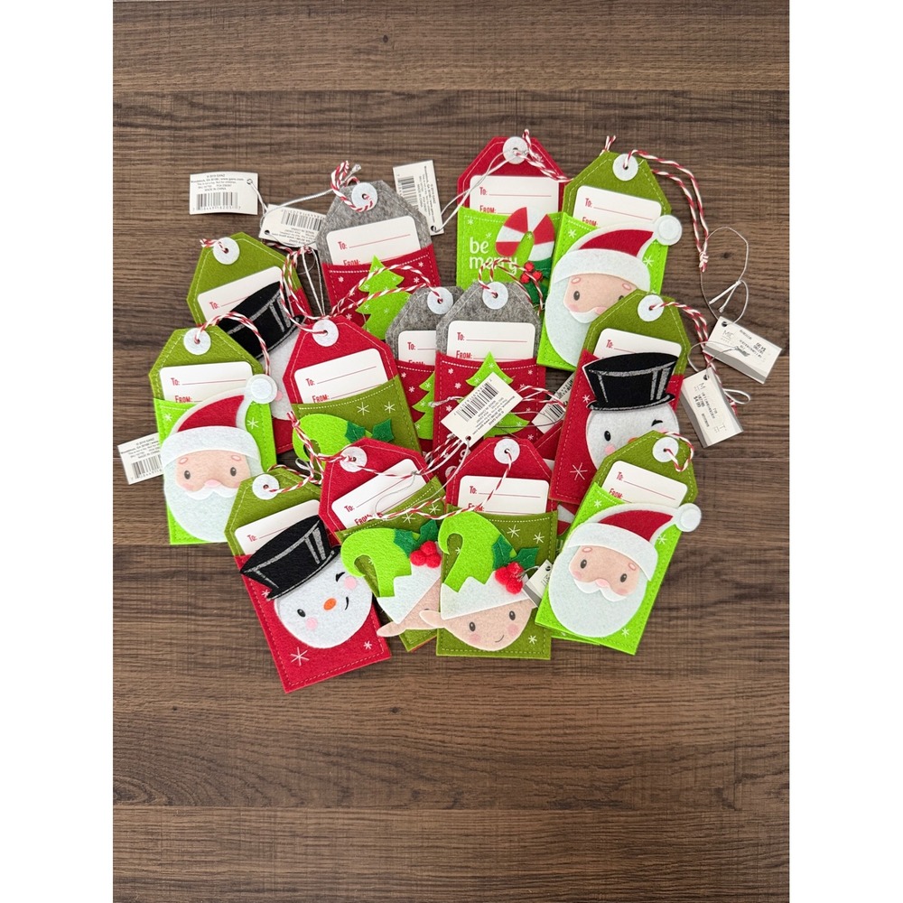 Lot of 14 Felt Christmas Money Gift Card Tags Santa Snowman Elf Candy Cane NWT